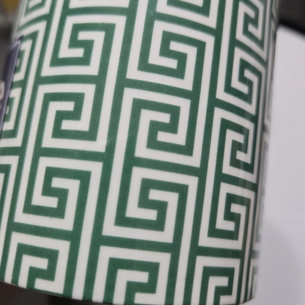 Jonathan Adler Slate Greek Key Pattern and Racing Stripe Coffee Mug Tea Cup